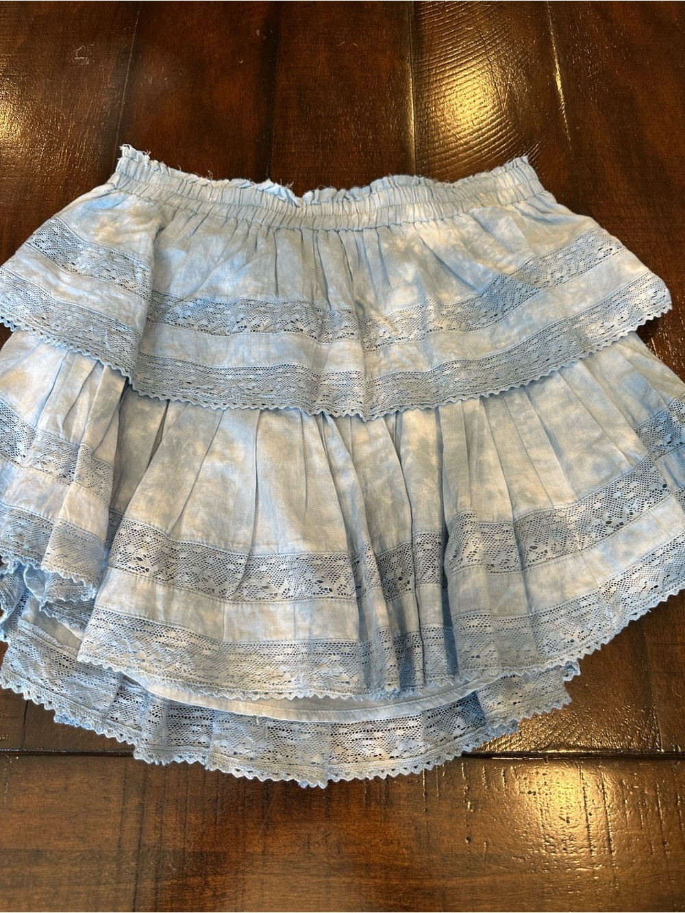 LoveShackFancy Light Blue Tiered Lace Mini Skirt